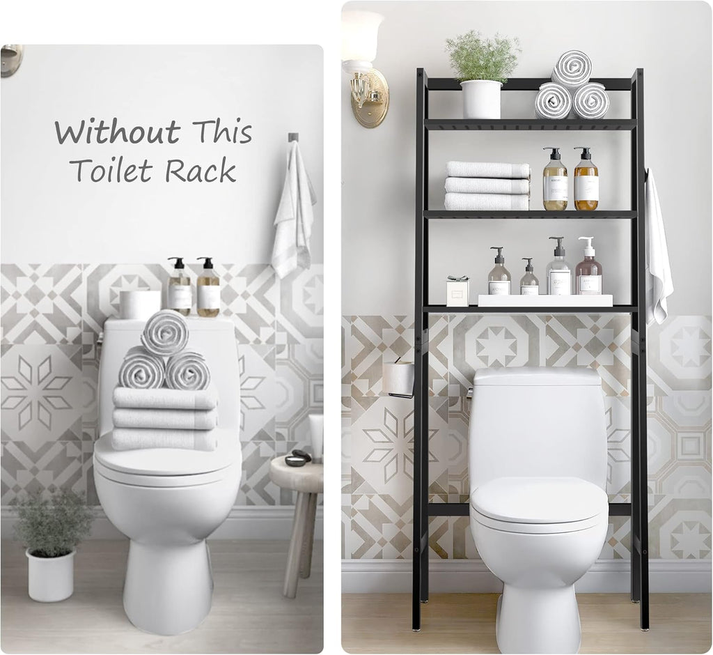 MallKing Over The Toilet Storage, Wooden 3-Tier Over-The-Toilet Rack Bathroom Space Saver Organizer, Freestanding Above Toilet with Toilet Paper Holder and Hooks (Black)