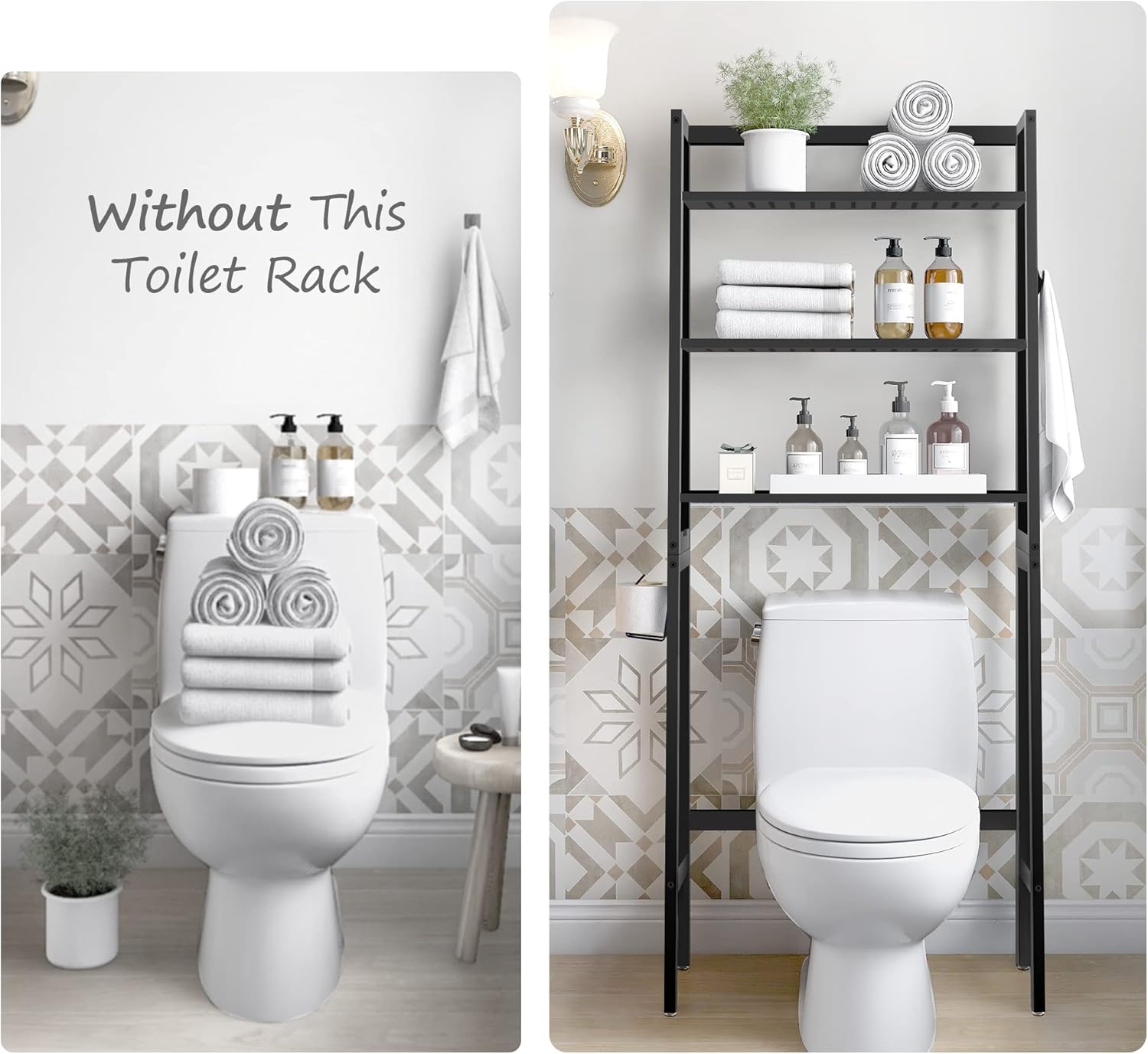 MallKing Over The Toilet Storage, Wooden 3-Tier Over-The-Toilet Rack Bathroom Space Saver Organizer, Freestanding Above Toilet with Toilet Paper Holder and Hooks (Black)