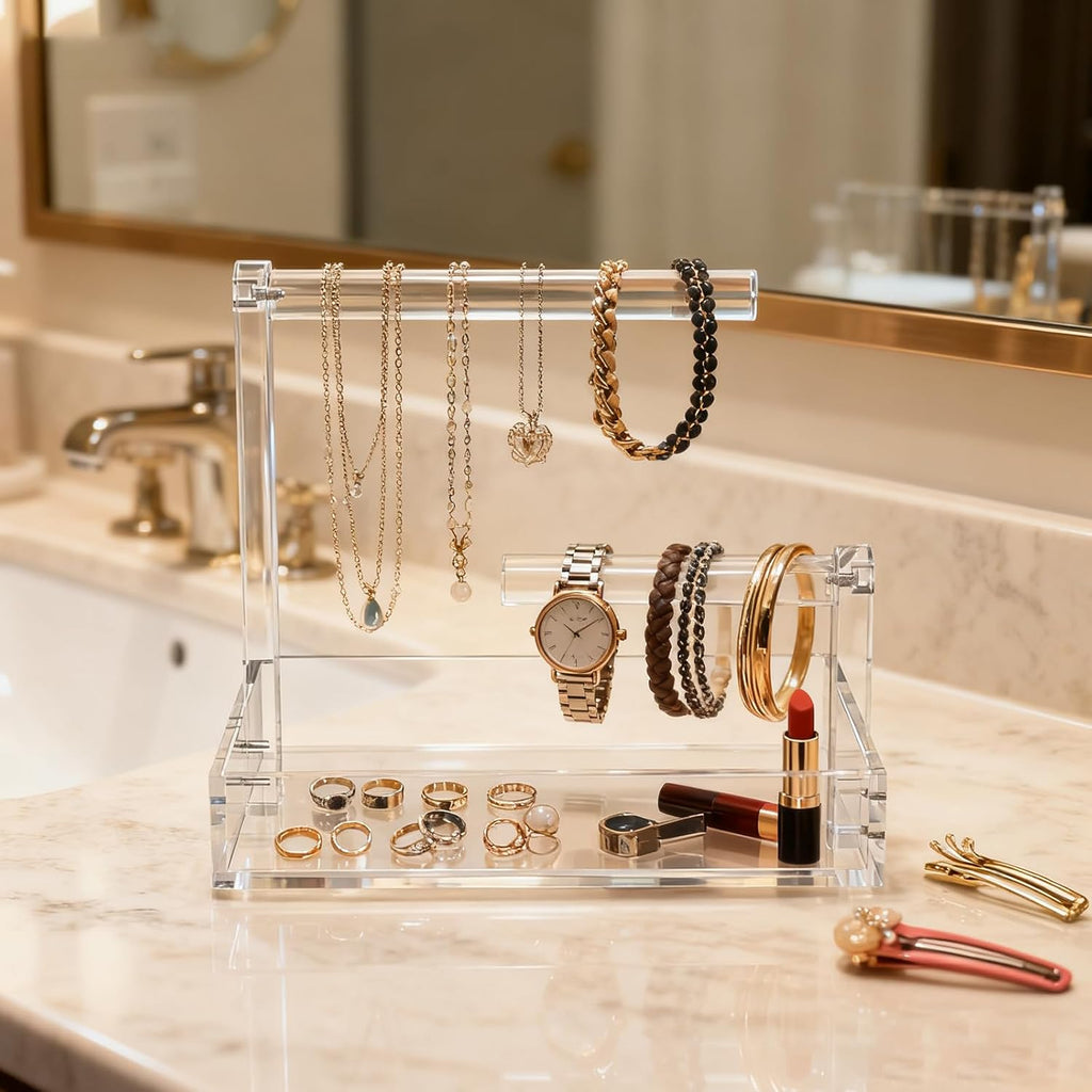 LUGUNU 2-Tier Bracelet Holder & Necklace Display Stand with Removable Trays, Acrylic Jewelry Organizers and Storage Box for Earrings, Rings, Watches, Vanity Tray for Dresser Countertop