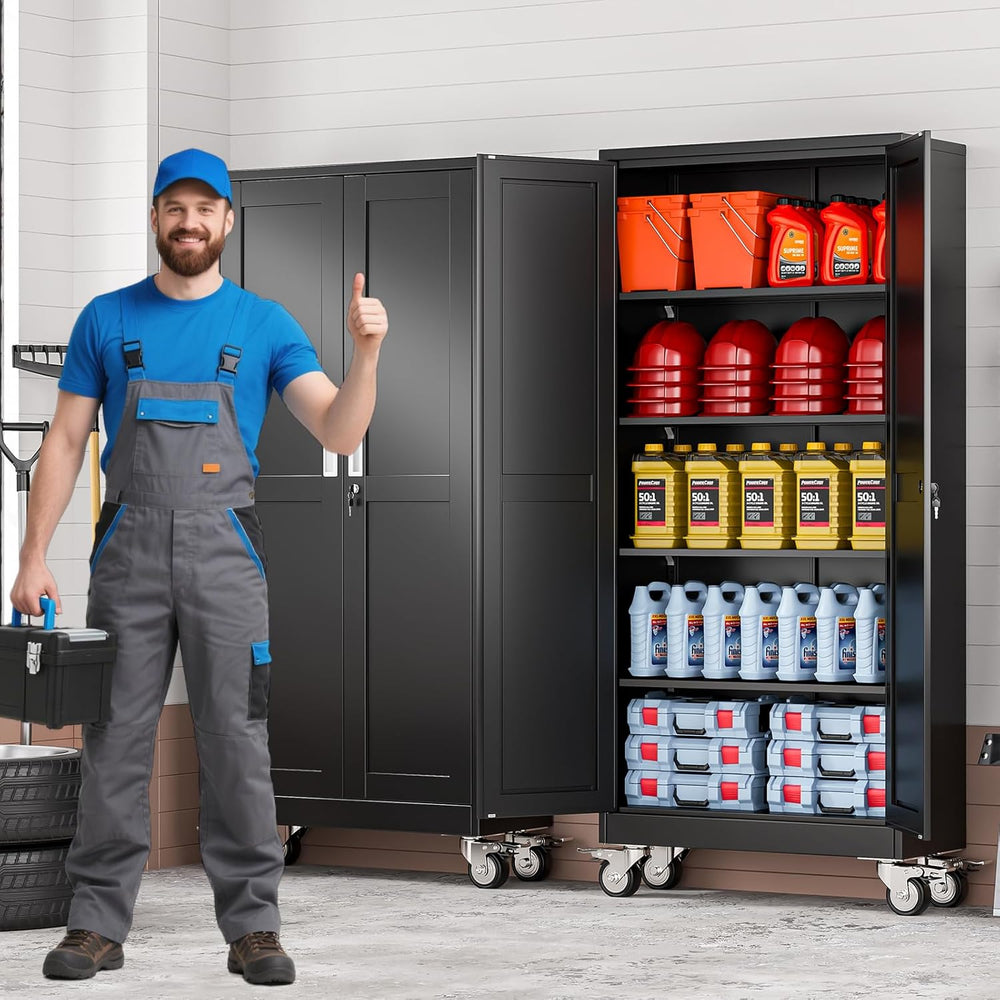 71" Metal Garage Storage Cabinet with Wheels and Locking Doors and Tall ...