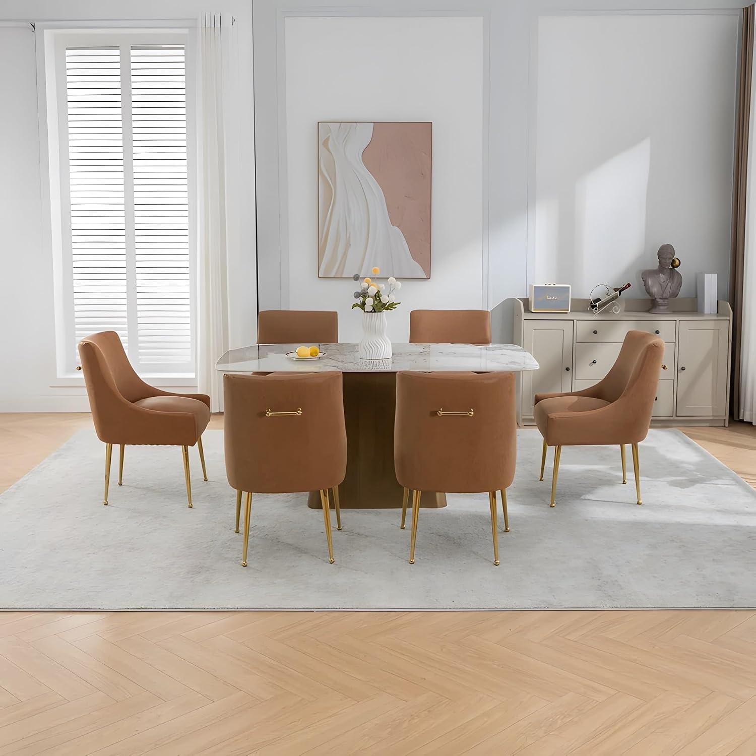 Dining Room Chair Faux Leather Vanity Chairs Set of 4 Mid-Century with Metal Legs Upholstered PU Leather Luxury Accent Chairs Living Room Restaurant(Brown)