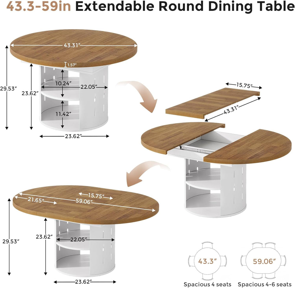 43.3in-59in Extendable Round Dining Table for 4-6, Modern Oval Dining Table w...