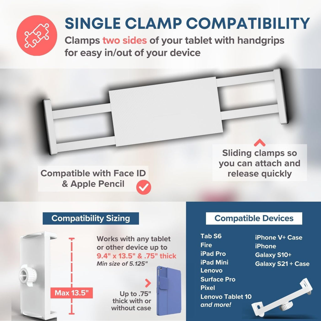 LEVO Gooseneck Tablet Floor Stand with Casters – Rolling Adjustable iPad Mount with Wheels, Height Tilt Rotation, Locking Mobile Base for Bedside, Couch, Chair, Hospital, Office, and Home – White