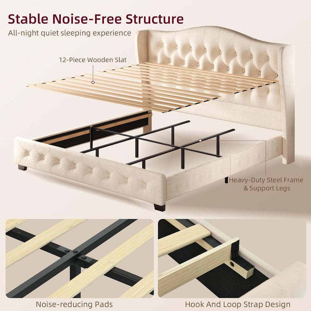HOMBCK King Bed Frame with 49" Headboard, Velvet Upholstere King Size Be...