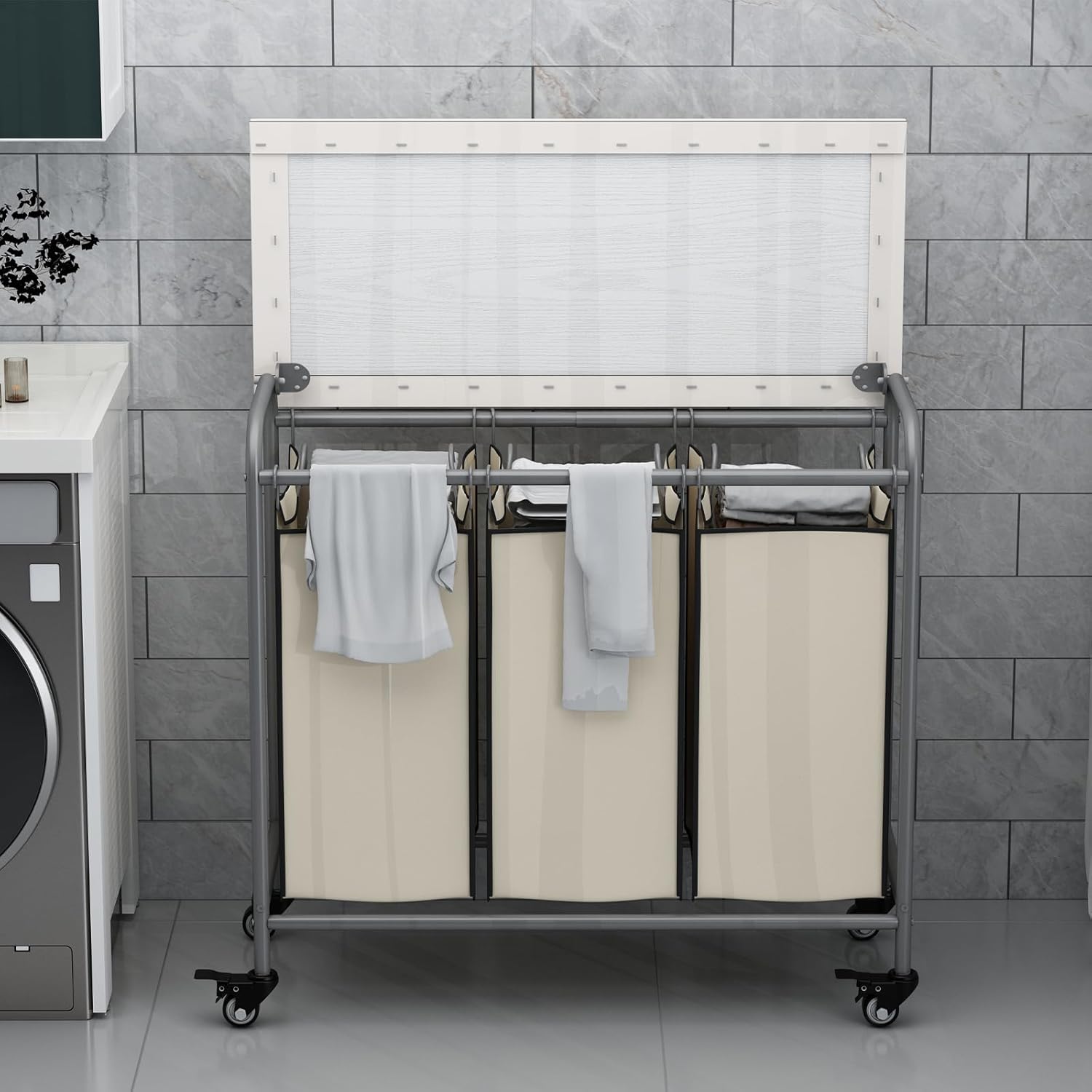 LINZINAR 3 Bag Laundry Basket Sorter Heavy Duty Rolling Lockable Wheels Laundry Hamper Cart with Ironing Board and Removable Bags, Beige