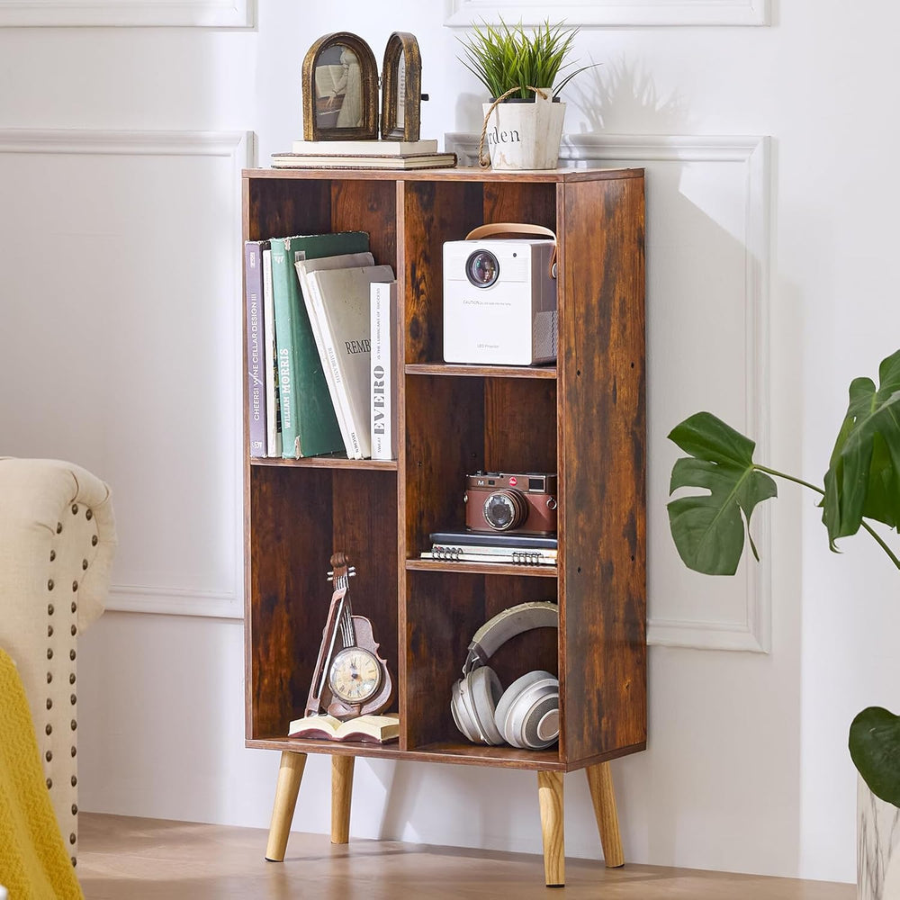 LEYAOYAO 5 Cube Small Bookshelf,3 Tier Mid-Century Bookcase with Legs,Wood Bo...