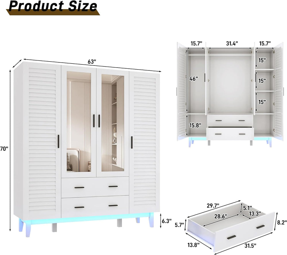jiteentarou 4 Door Armoire Wardrobe Closet Cabinet with Drawers and LED Light...