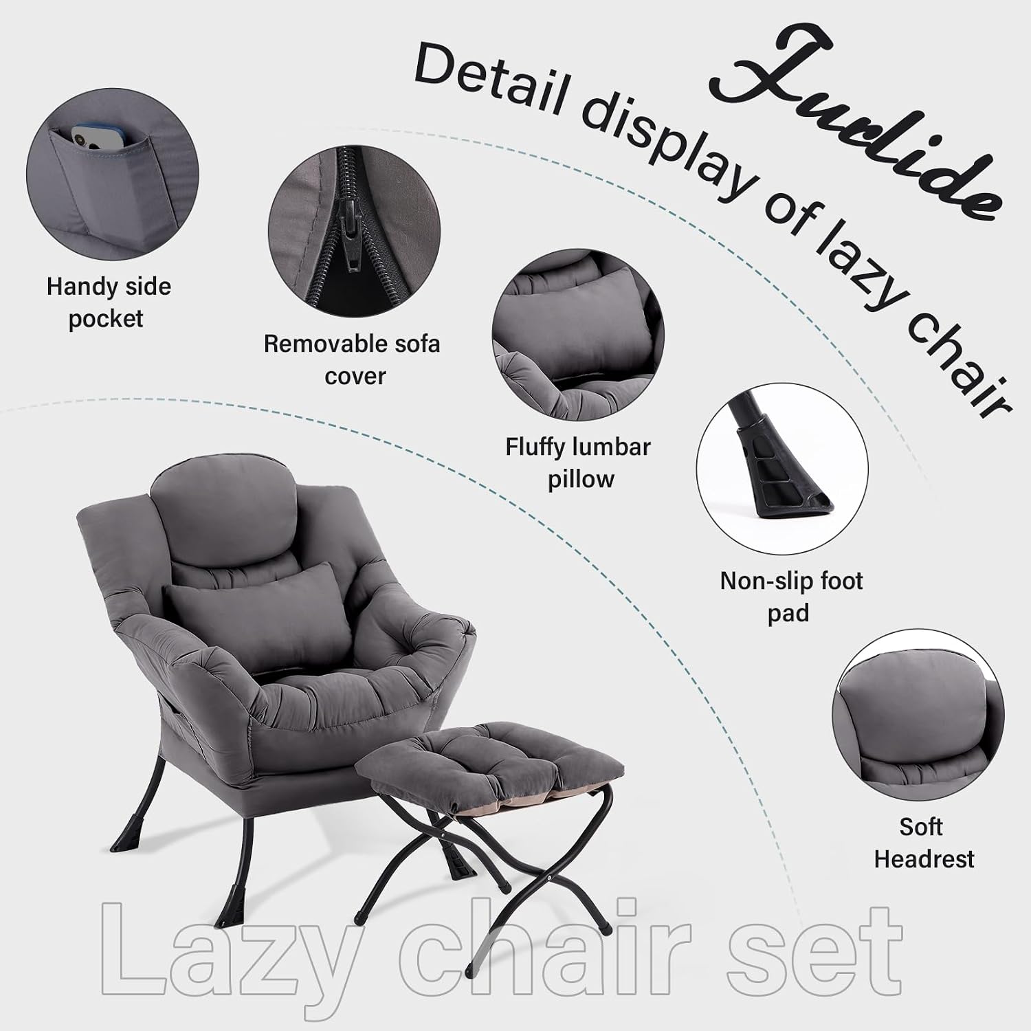 Furlide Lazy Chair with Ottoman, Comfy Fabric Accent Lounge Arm Chair with Lumbar Pillow and Folding Footrest, Reading Leisure Sofa Armchair for Bedroom, Living Room, Dorm,Dark Grey | Comfy Accent Lounge Chair with Pillow & folding Foot Stool, sturdy