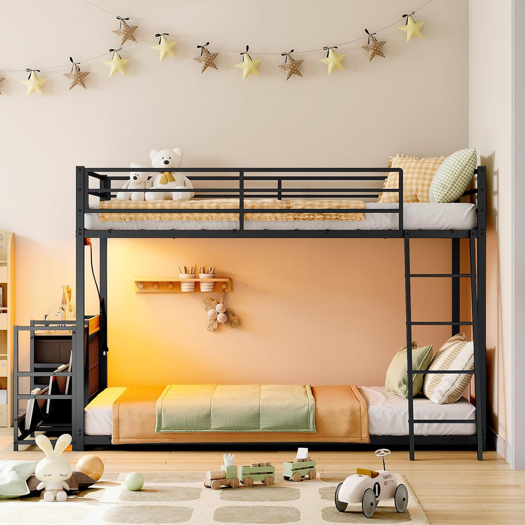 Bonnlo Bunk Bed Twin Over Twin with 3 Storage Drawers, 3 Tier Book Shelf, Bunk Bed with LED Lights, Charging Station, Inclined Ladder, Suitable for Kids & Teens, Space Saving (Black)