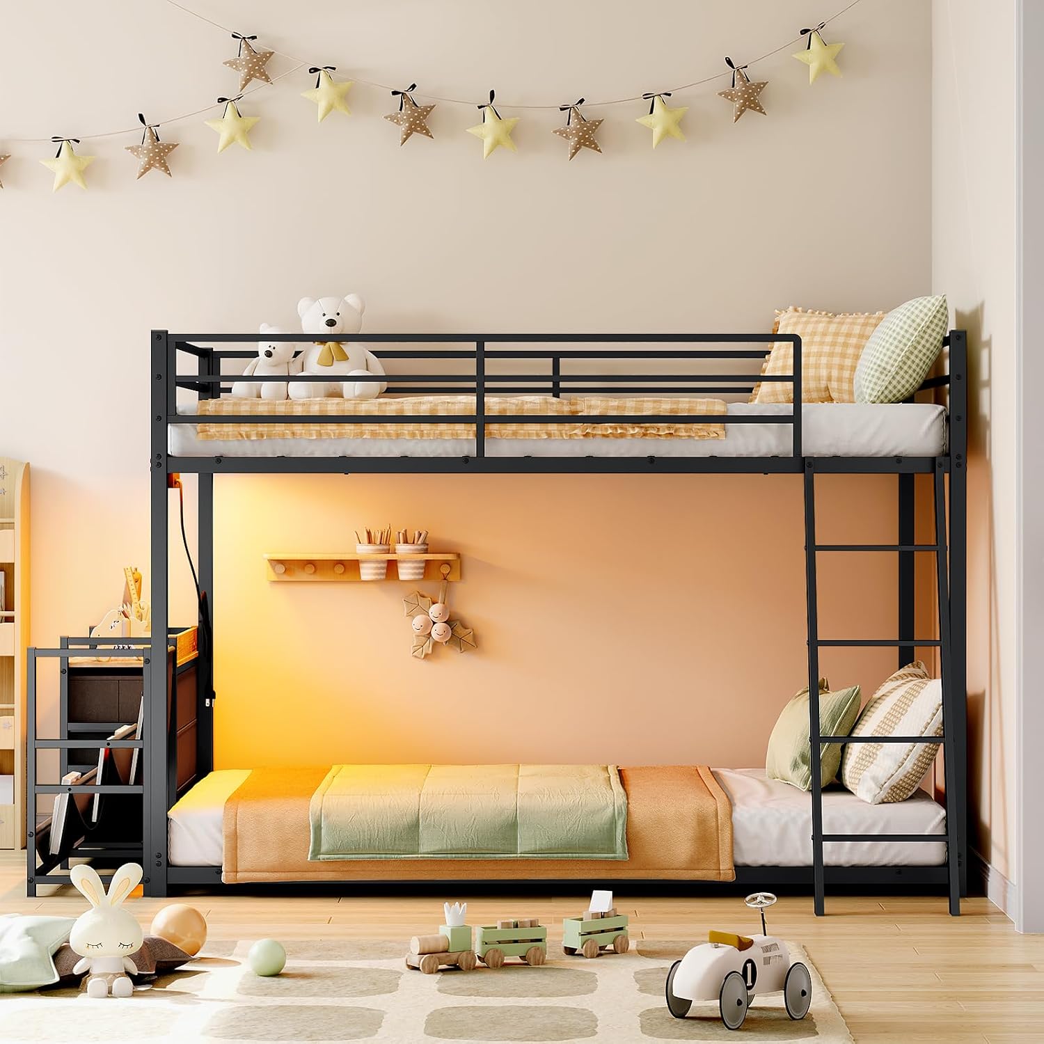 Bonnlo Bunk Bed Twin Over Twin with 3 Storage Drawers, 3 Tier Book Shelf, Bunk Bed with LED Lights, Charging Station, Inclined Ladder, Suitable for Kids & Teens, Space Saving (Black)