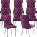Mid Century Modern Dining Chairs Set of 8, Purple Velvet Upholstered Tufted Back, Kitchen & Dining Room Chairs, Brushed Silver Metal Legs, Nailhead Trim, Sillas para Comedor (Purple, 8 Pcs)