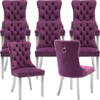 Mid Century Modern Dining Chairs Set of 8, Purple Velvet Upholstered Tufted Back, Kitchen & Dining Room Chairs, Brushed Silver Metal Legs, Nailhead Trim, Sillas para Comedor (Purple, 8 Pcs)
