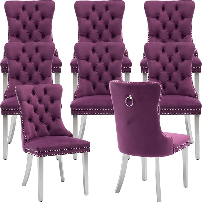 Mid Century Modern Dining Chairs Set of 8, Purple Velvet Upholstered Tufted Back, Kitchen & Dining Room Chairs, Brushed Silver Metal Legs, Nailhead Trim, Sillas para Comedor (Purple, 8 Pcs)