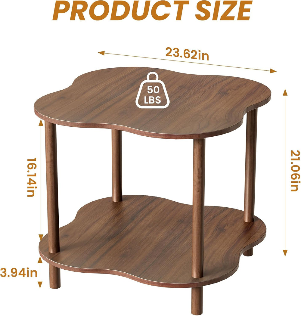 Wood End Side Table with Storage Shelf, 2-Tier Flower Shaped Coffee Table for...