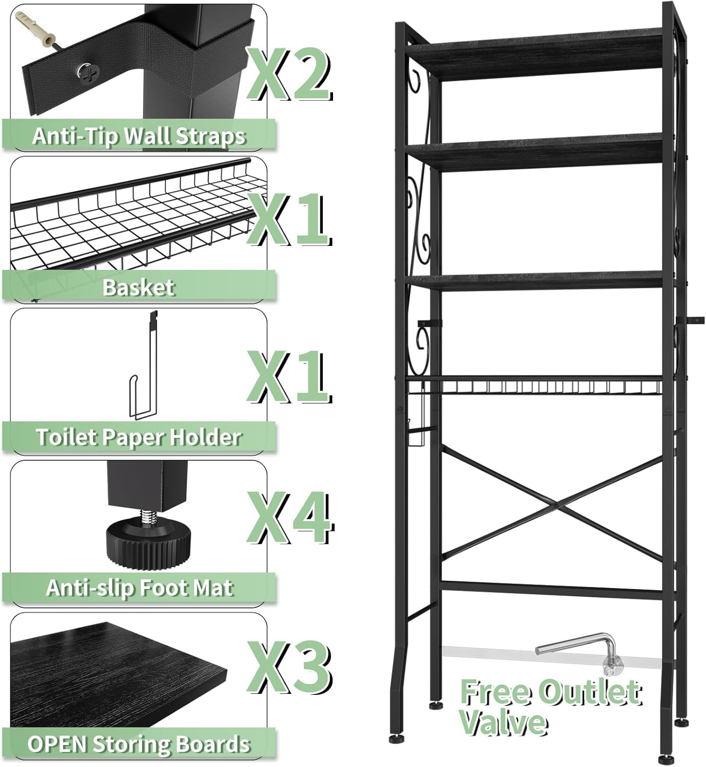 Over-The-Toilet Storage Rack 4-Tier,Bathroom Organizer Shelf Over Toilet,Adjustable Wooden Shelves and Basket,Freestanding Above Toilet Shelf,Space Saver for Rooms(Black Rack-Black Shelves)