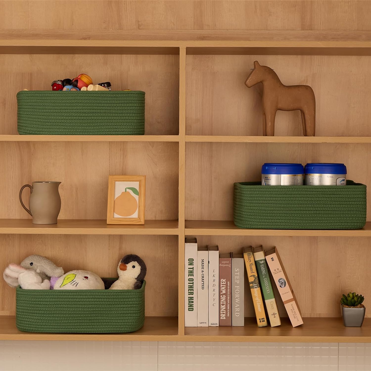 Large Shallow Organizing Baskets 15x11x5.1 Inches - Rope Woven Storage Bins for Bathroom, Shelves, Cube Closet, Green 3 Packs