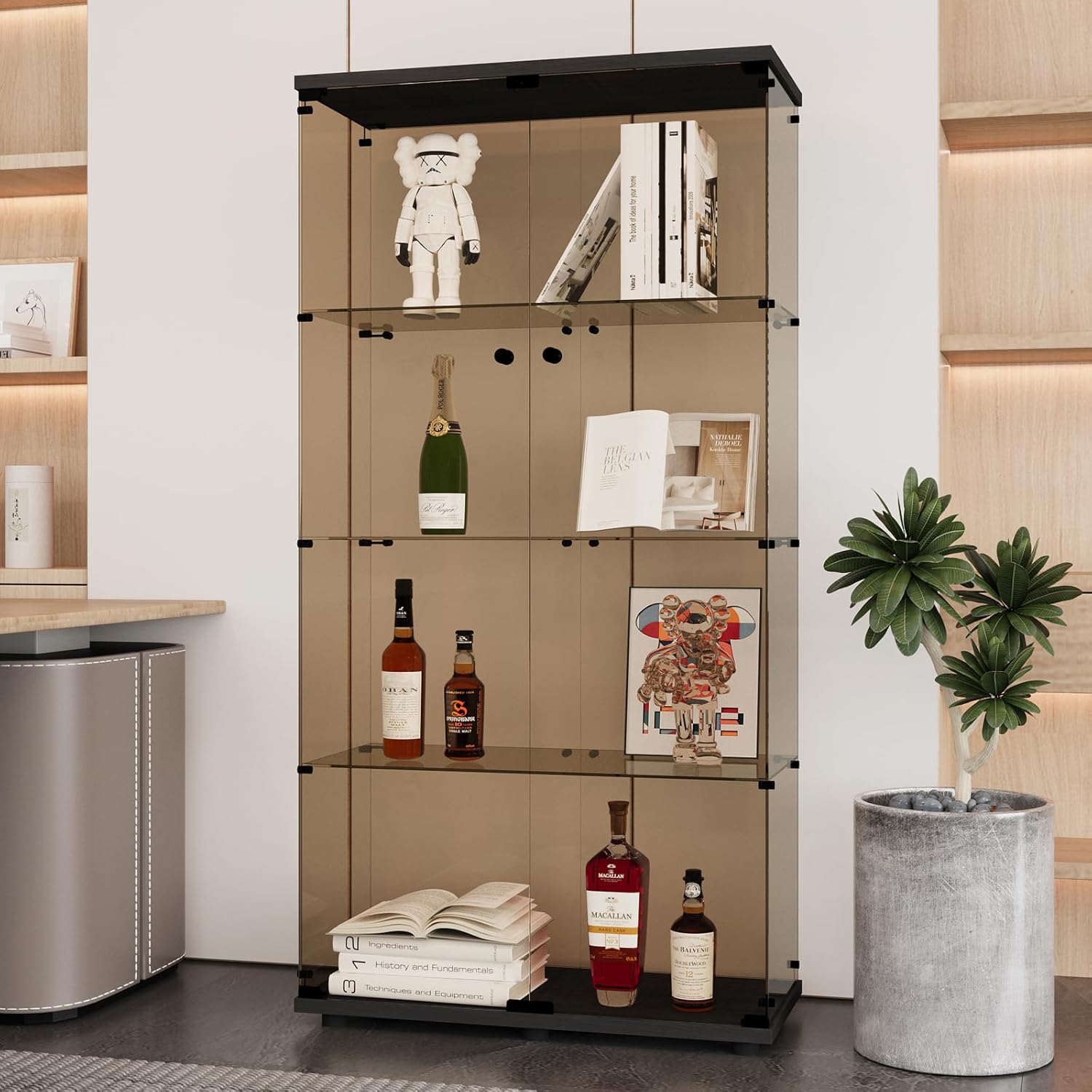 Beauty4U Glass Display Cabinet with 4 Shelves, 2 Doors Curio Cabinets for Living Room, Bedroom, Office, 5mm Brown Tempered Glass Floor Standing Bookshelf, Quick Installation