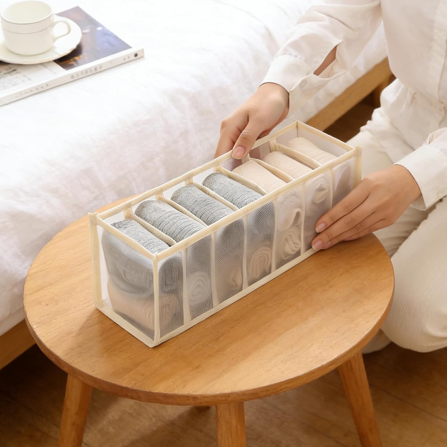 1 Pcs Underwear Storage Box Drawer Underwear Organizer Lingerie Organizer Compartment Storage Box for Wardrobe Drawer Use(Off White)