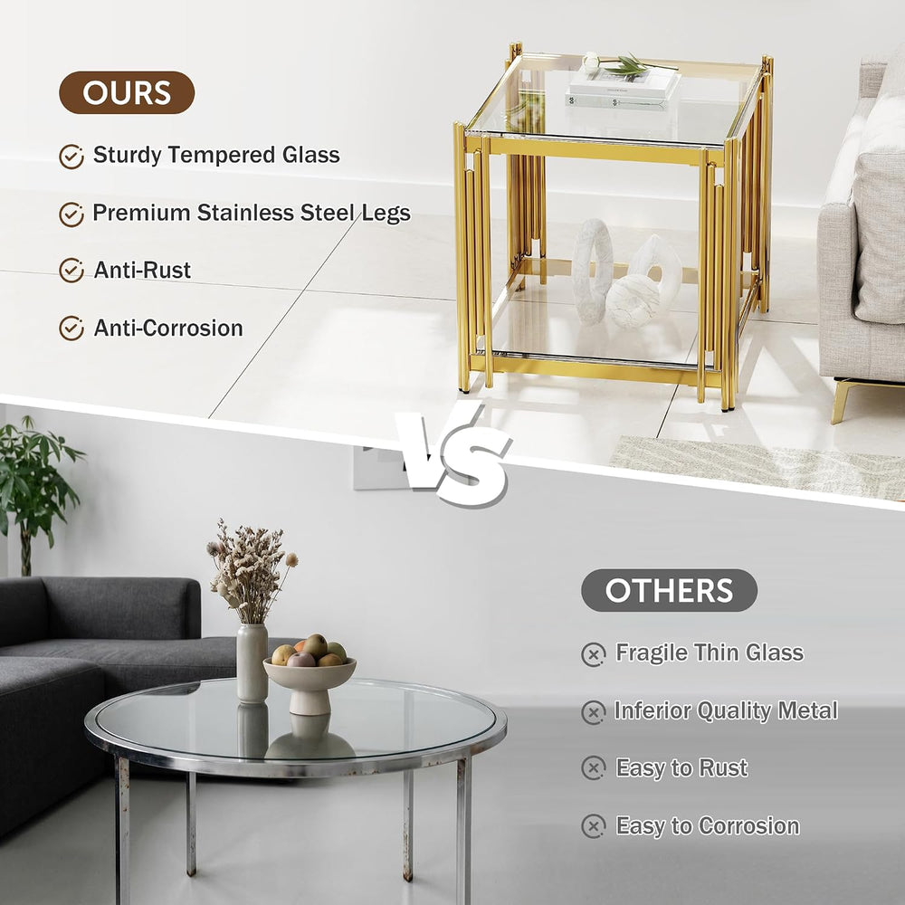 Luxury Gold Square Glass End Table, 19.7" Modern Side Table with Stainle...