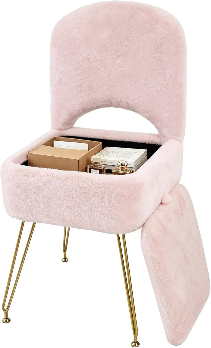 Vanity Stool Chair with Storage and Folding Back, 4 Metal Legs with Anti-Slip Feet, 15.8" x 15.8" x 33" Square Ottoman with Furry Padded Seat for Makeup, Bedroom,Pink