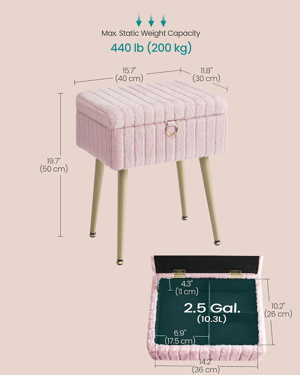 SONGMICS Vanity Stool Chair with Storage, Metal Legs, Max. Load 440 lb | Make...