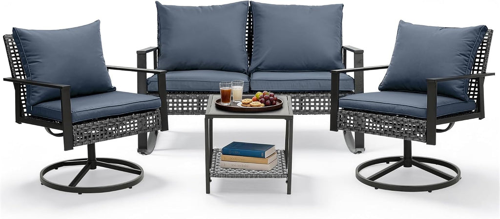 GDY 4-Piece Outdoor Patio Furniture Set, Includes 1-Woven Rattan Rocking Chair, 1-Table, & 2-Swivel Chairs, with Extra-Thick Cushions, for Gardens, Porches, Poolside, or Patio Lounge Spaces, Grey