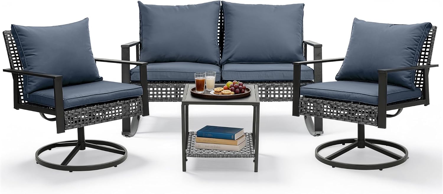 GDY 4-Piece Outdoor Patio Furniture Set, Includes 1-Woven Rattan Rocking Chair, 1-Table, & 2-Swivel Chairs, with Extra-Thick Cushions, for Gardens, Porches, Poolside, or Patio Lounge Spaces, Grey