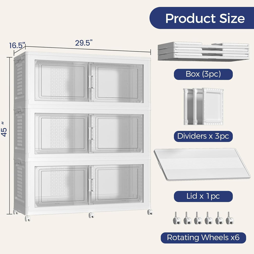 120Gal Stackable Storage Bins with Lid, 480Qt Extra Large Collapsible Storage Box with Wheels, Dividers, Folding Plastic Cabinet Closet Organizers for Home Kitchen Office Dorm, 3Pack White