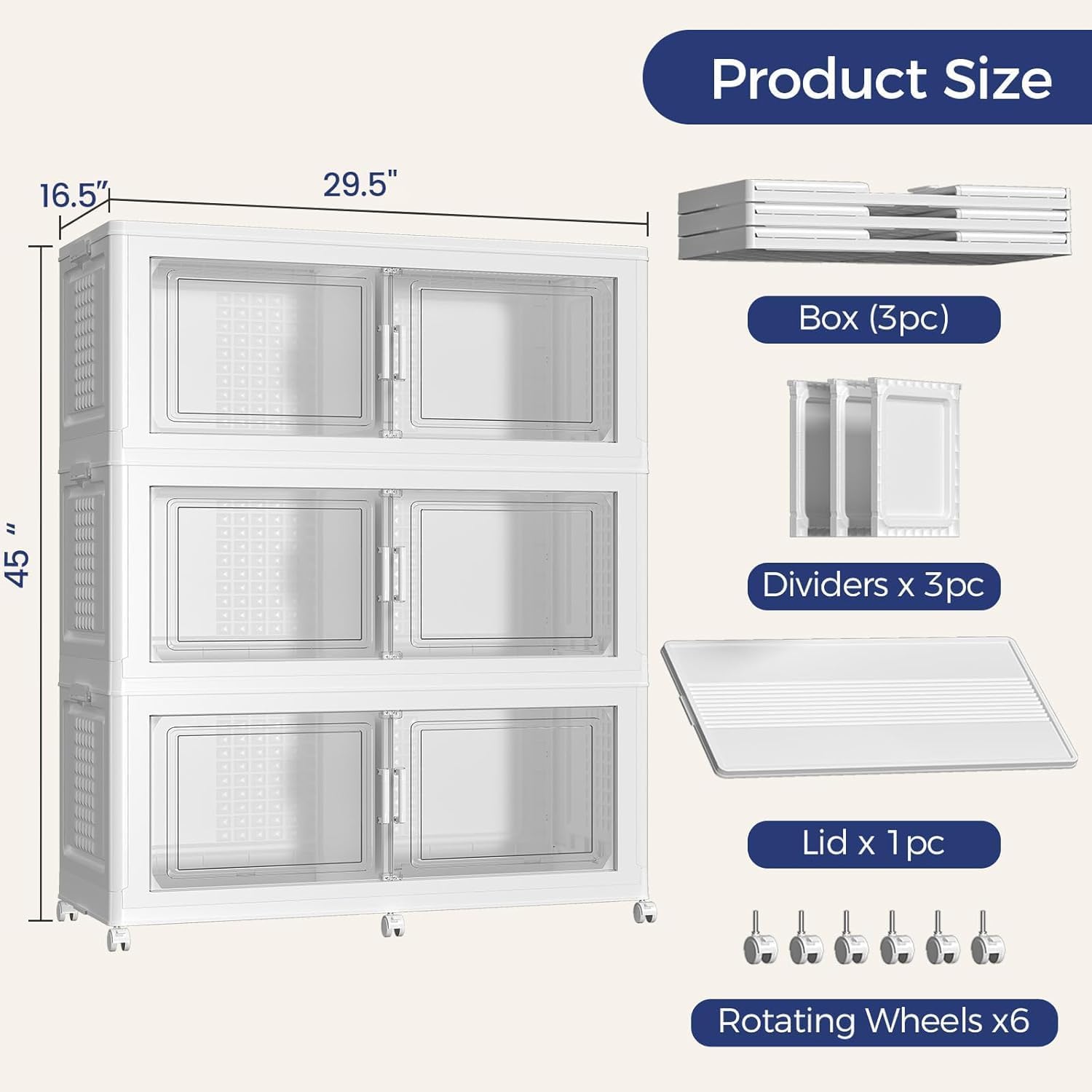 120Gal Stackable Storage Bins with Lid, 480Qt Extra Large Collapsible Storage Box with Wheels, Dividers, Folding Plastic Cabinet Closet Organizers for Home Kitchen Office Dorm, 3Pack White
