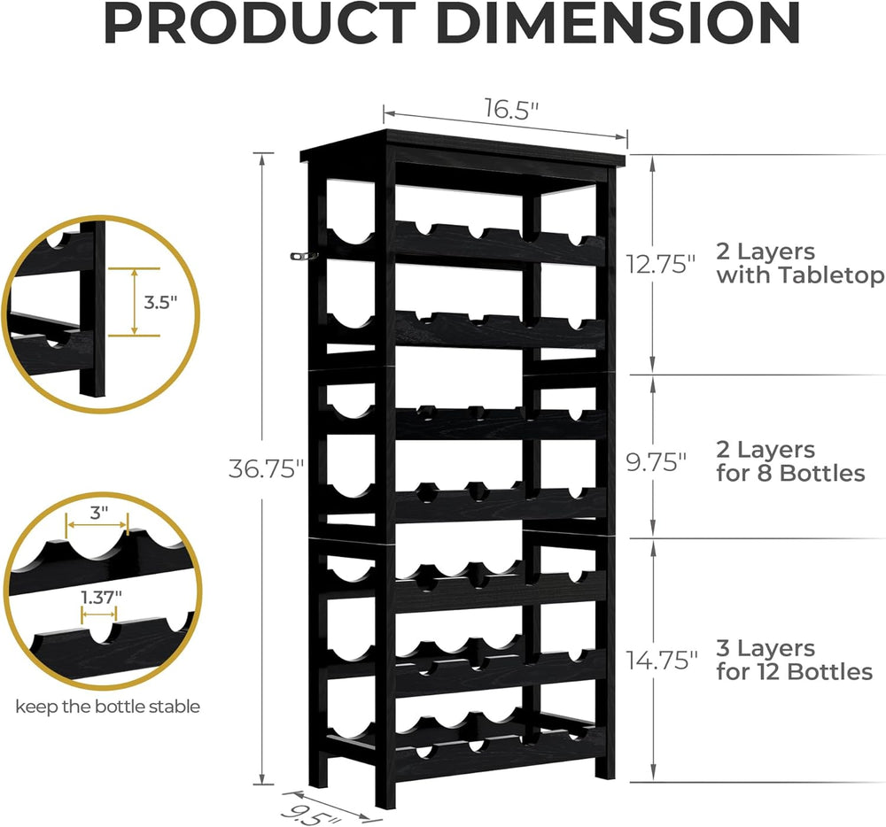 28-Bottle Wine Rack Free Standing Floor, Solid Wood 7-Tier Display Wine Stora...