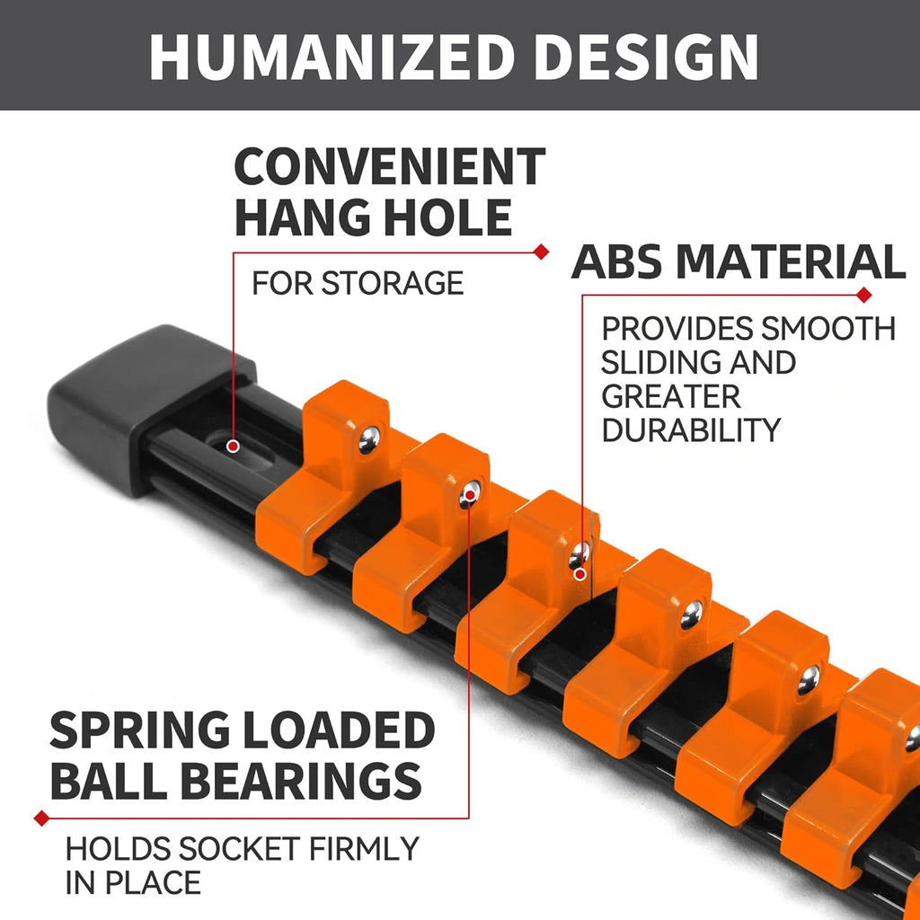 Socket Organizer Drive ABS Tools - Orange Socket Holder, Premium Quality 12 Pieces Socket Holders Kit 1/4-Inch x 64 Clips, 3/8-Inch x 60 Clips, 1/2-Inch x 48 Clips（12PC,Orange)