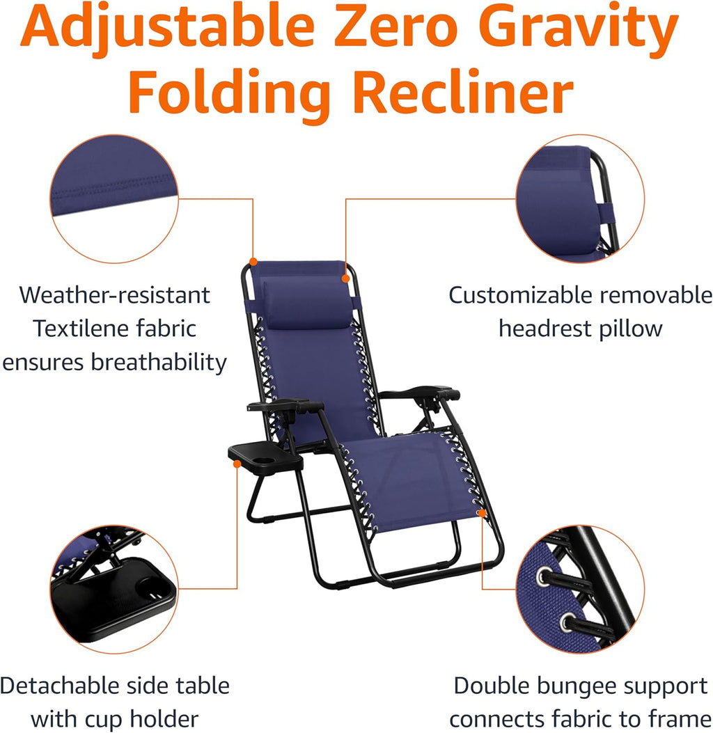 Amazon Basics Outdoor Adjustable Zero Gravity Folding Reclining Lounge Chair with Cup Holder, Headrest Pillow, Detachable Side Table, Weather Resistant, Set of 2, Blue