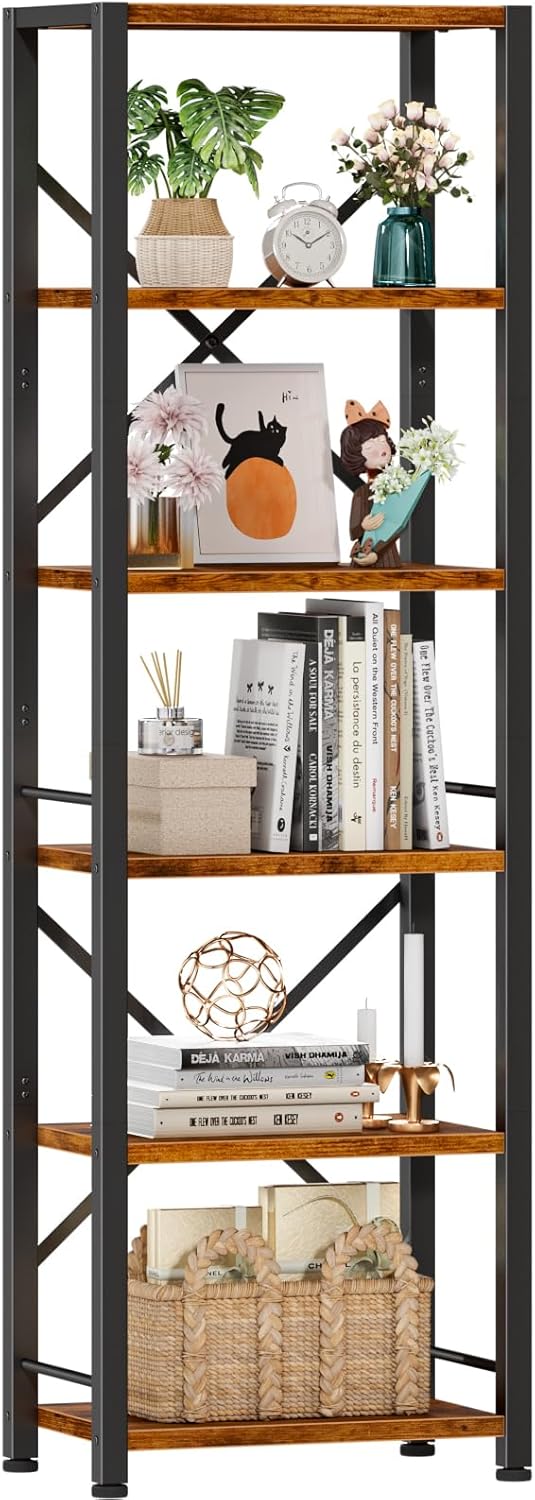 Furologee 6 Tier Tall Bookshelf, Industrial Narrow Bookcase, Display Standing...