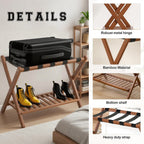 Bamboo Luggage Rack with Shoe Shelf Folding Suitcase Stand with 5 Heavy-Duty Straps for Guest Room Living Room Hotel Ideal Luggage Holder for Suitcases Bags Shoes,Walnut Brown