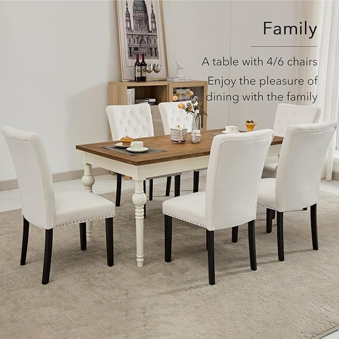 Velvet Dining Kitchen Chair Set of 4, Parsons Upholstered Dining Room Chair, Wood Accent Chair with Nailed Trim, Beige