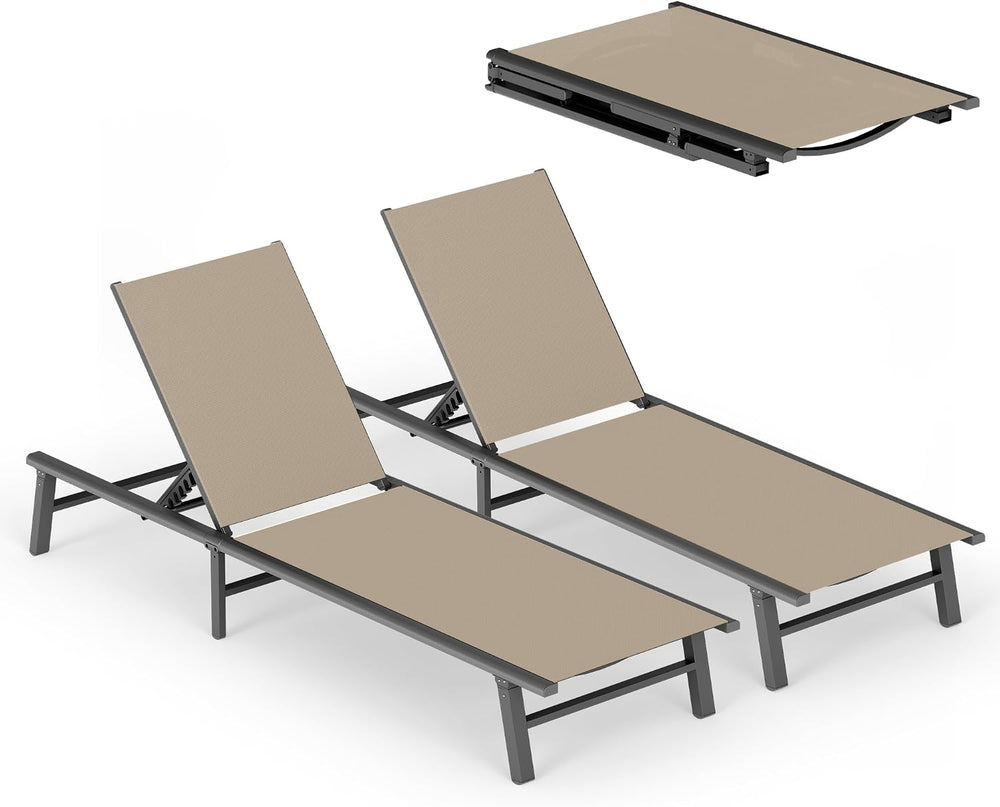Ciokea Foldable Outdoor Lounge Chair Set of 2, No Assembly Aluminum Chaise Lo...