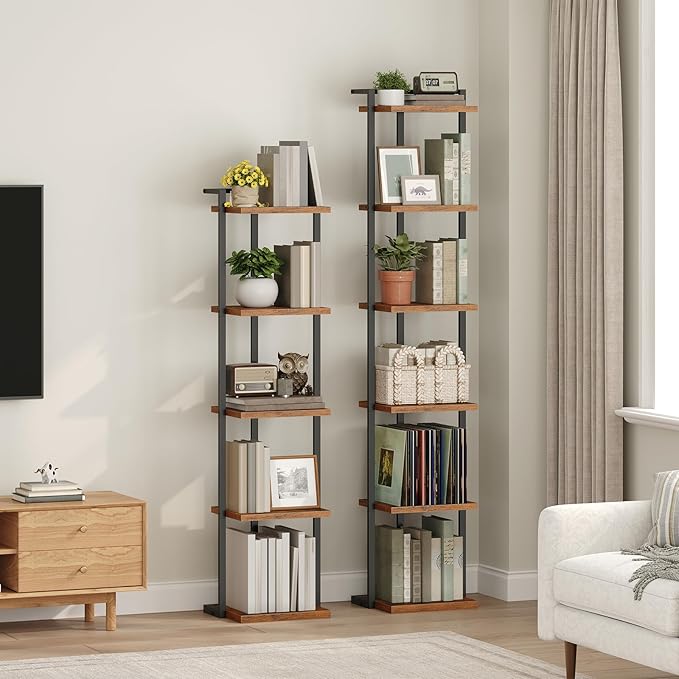 Bookshelf, 5-Tier Bookcase, Vertical Tall Narrow Book Shelf for Small Space, Open Storage Display Shelf with Stable Base & Anti-Tip Kits, for Living Room, Study, Rustic Brown BKHR11501