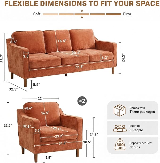 Kingfun Living Room Furniture Sets, 3 Seater Couch and Armchair, Mid Century Modern Sofa Set, Chenille Couch with Solid Wood Frame for Living Room & Bedroom, Orange
