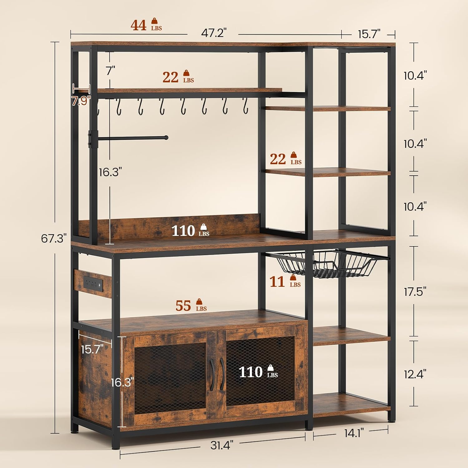 47.2 in Bakers Rack with Power Outlet & LED Light, Coffee Bar with Coffee Pod Holder for Vetuo, Kitchen Microwave Stand with Storage Shelves, Paper Holder, Cabinet, Wire Basket, 8 Hooks (Rustic Brown)