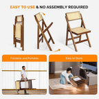 VINGLI 2 Pack Rattan Wooden Folding Chair, Dining Folding Chair with 360° Swivel Backrest, Sturdy Rubberwood Frame and Rattan Woven Seat and Back, Walnut, Set of 2