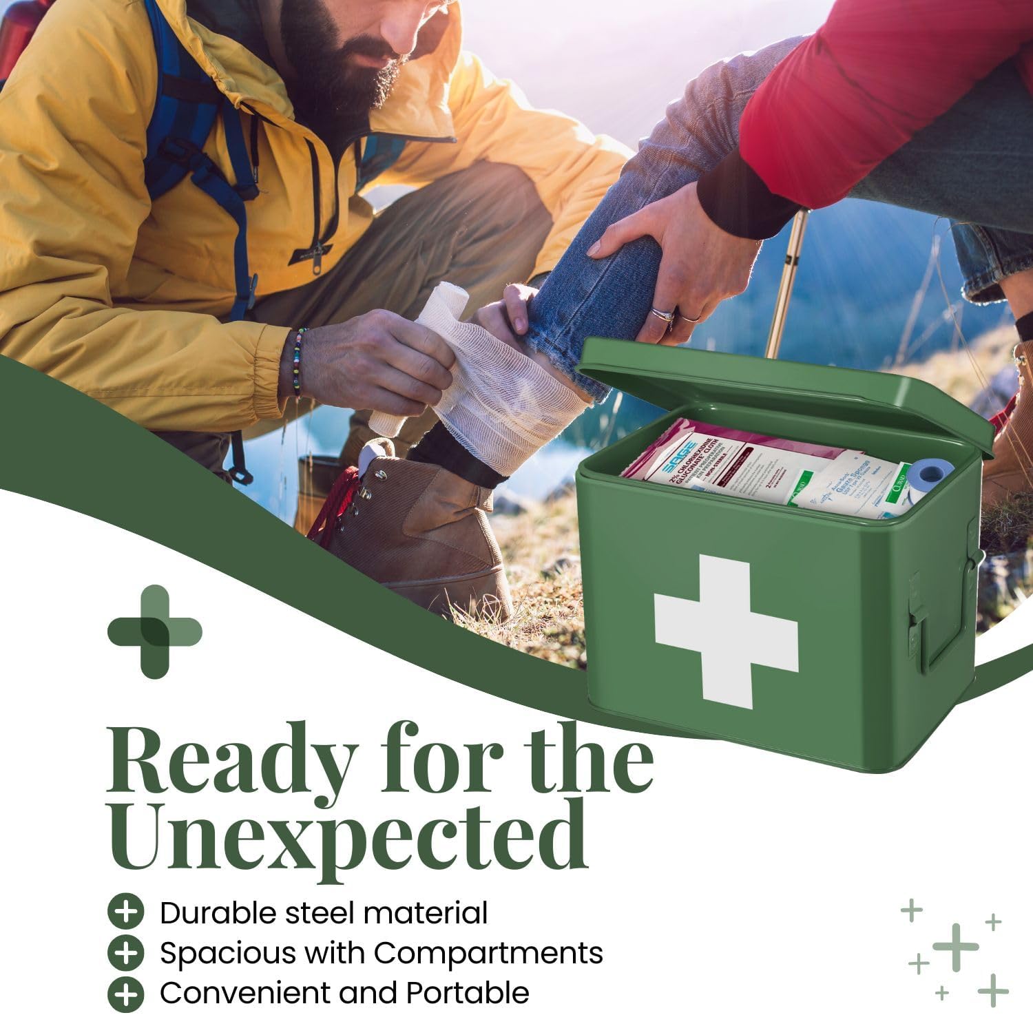 Flexzion Medicine Box, Home Pharmacy Box, 33 x 21 x 19 cm, Metal Medication Storage for Emergency, First Aid Cabinet, with Side Handles, Removable Tray & 5 Compartments, Green