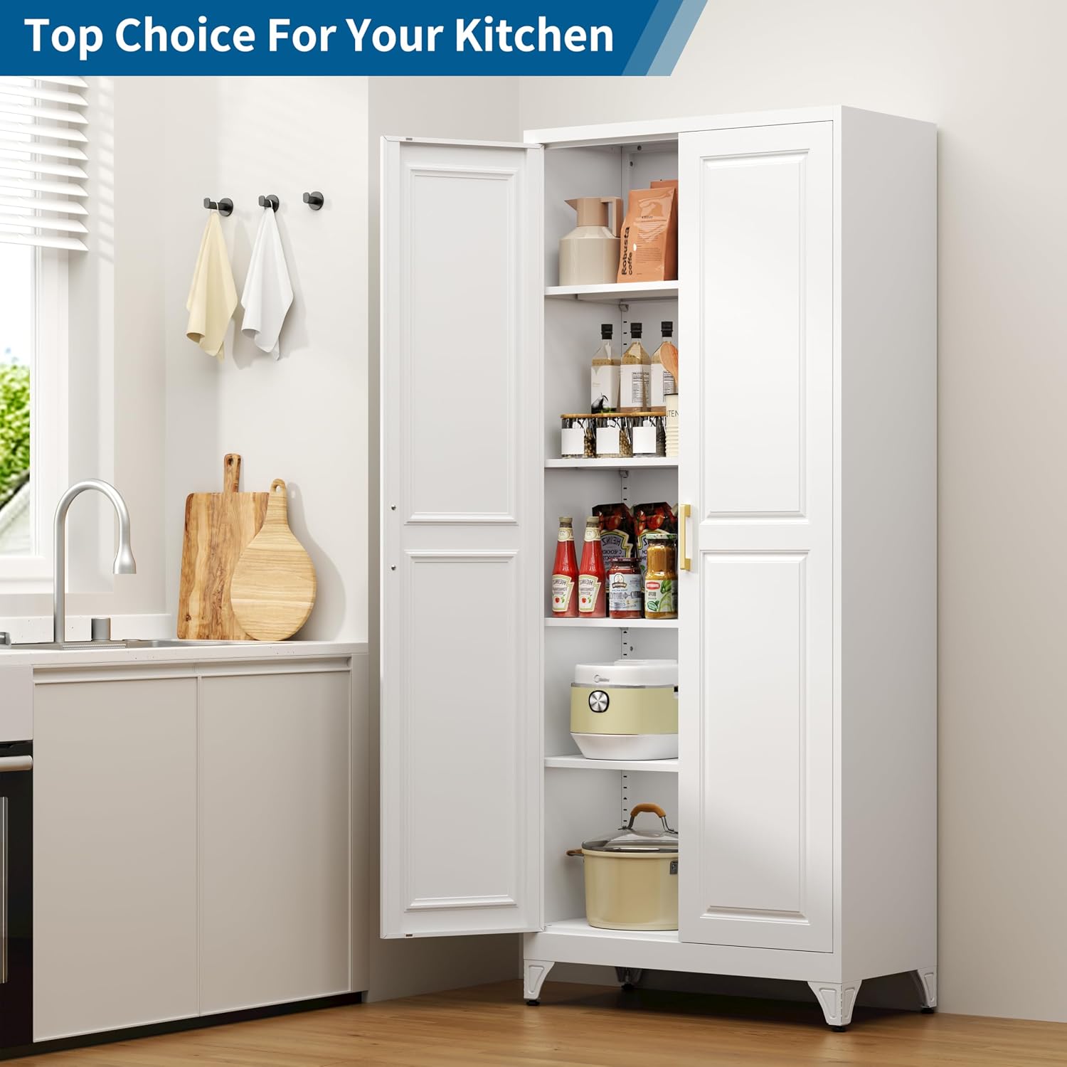 75" Tall White Metal Storage Cabinet with Doors, Heavy Duty | Freestanding Steel Kitchen Pantry Cabinet, 4 Adjustable Shelves (180 Lbs Load), Tall Cabinets for Home, Office and Garage