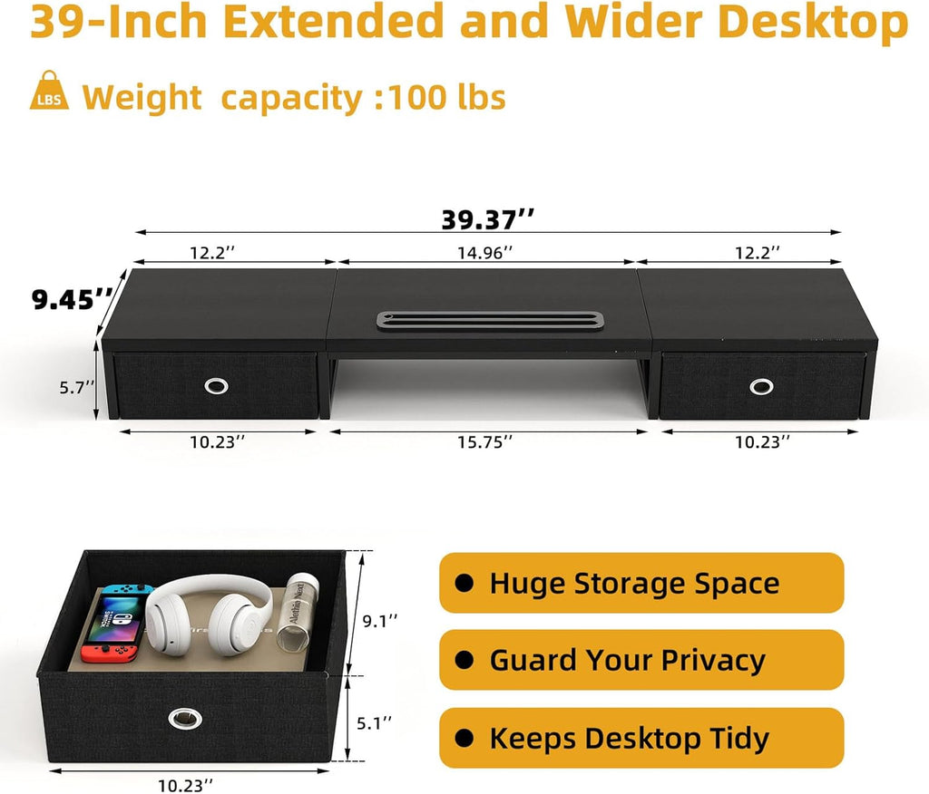 Dual Monitor Stand Riser with 2 Drawers - 39Inch Large Storage Computer Monitor Stands for 2 Monitors, Wooden Desktop Organizer Perfect for Home Office Desk, Computer, Laptop, TV, Black
