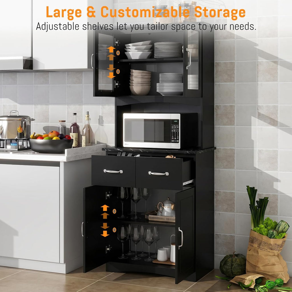 67" Kitchen Pantry Cabinet with Glass Doors & Drawers | Adjustable Shelves, Anti-Tip Safety, Space-Saving for Small Kitchens, Easy-Clean, Perfect Microwave Stand Or Coffee Bar