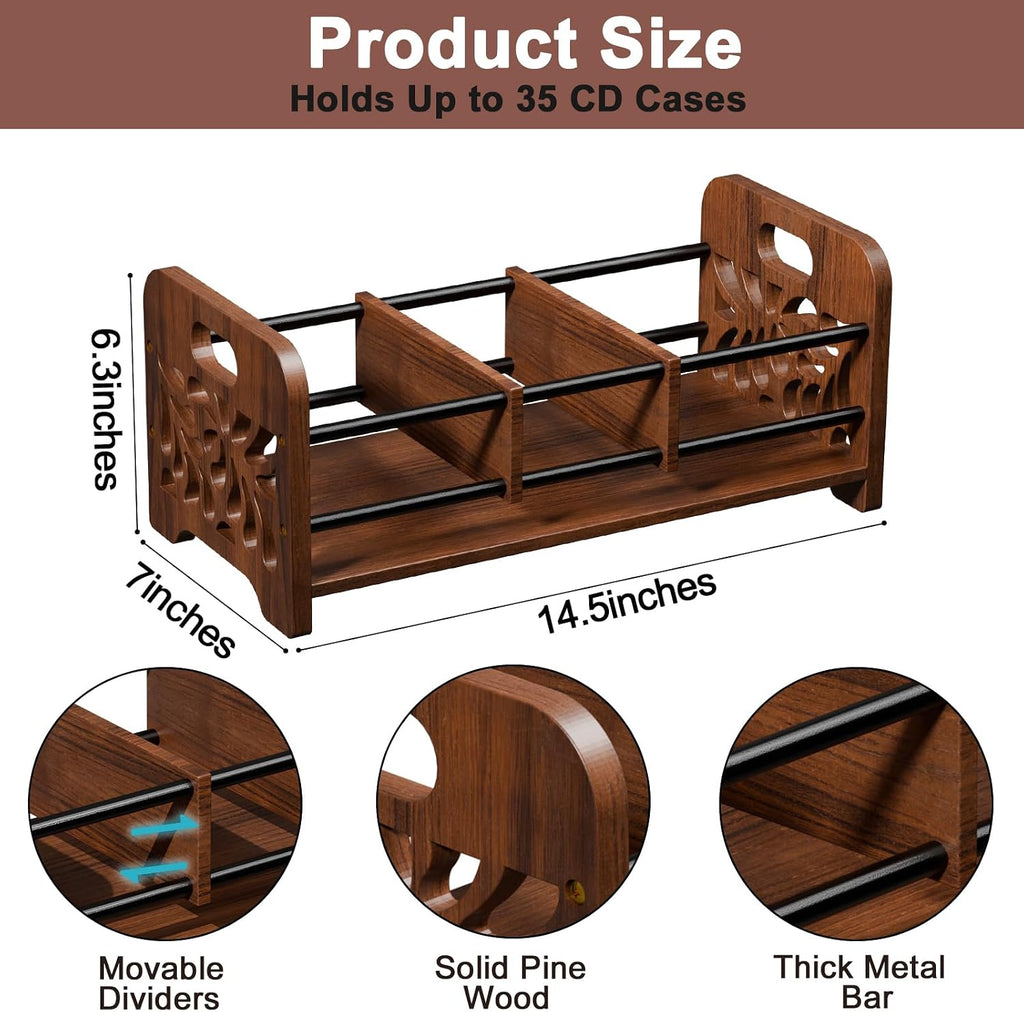 CD Holder,DVD Holder Storage,Wood CD Rack Organizer,DVD Rack,Cassette Tape Storage with Dividers for CDs, DVDS, Tapes,Video Game Cases, Tape Display Stand, Hold 35Pcs