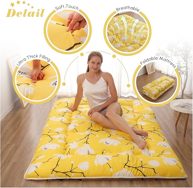 Japanese Floor Mattress, Futon Mattress with Portable Storage Bag and Washabl...