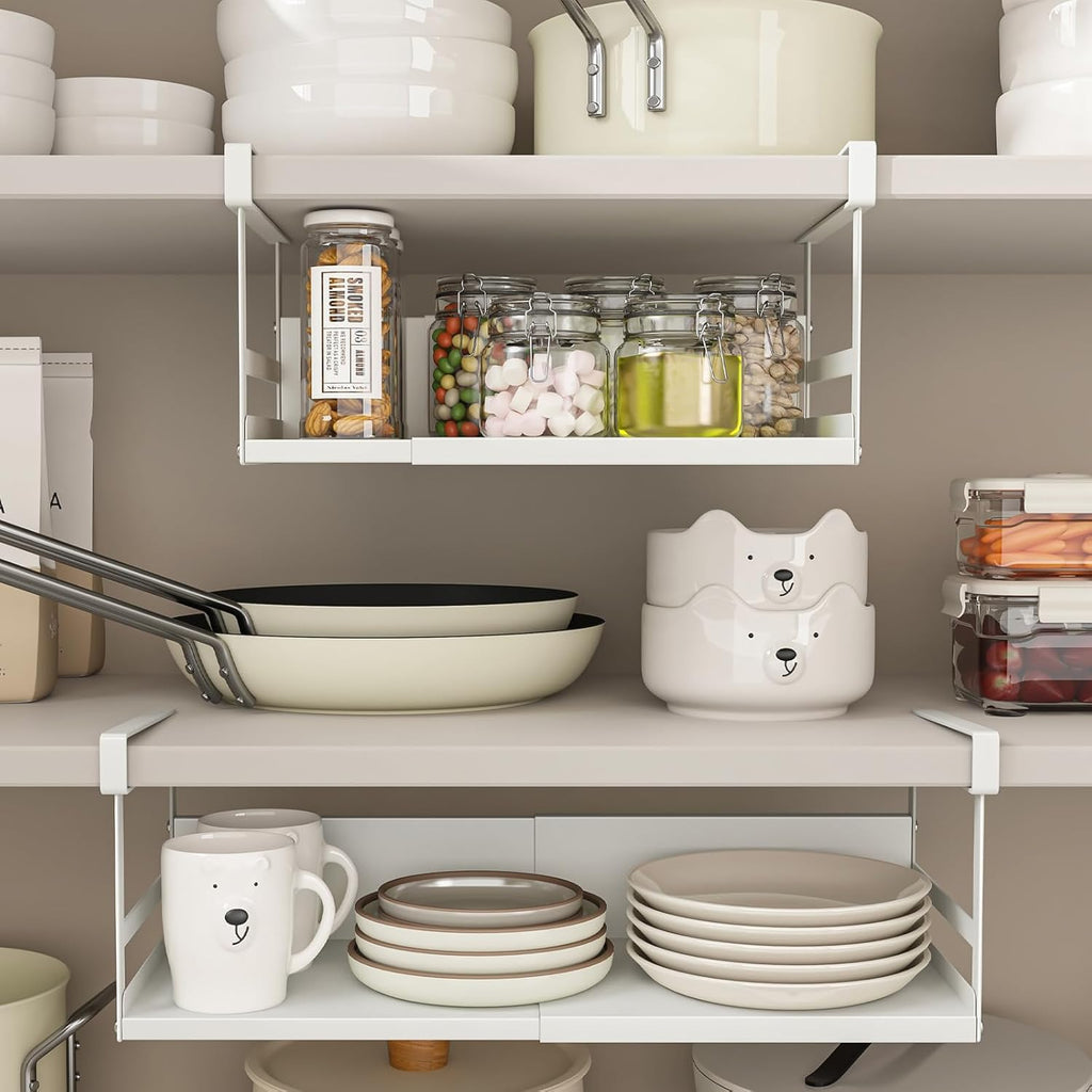 Expandable Under Cabinet Shelf Organizer with 1.25 Inches Thick Clips, Heavy Duty Extendable Under Shelf Storage Basket for Pantry or Laundry Room, White, 2 Pack, Interior: 5.7" H x 8.54" D