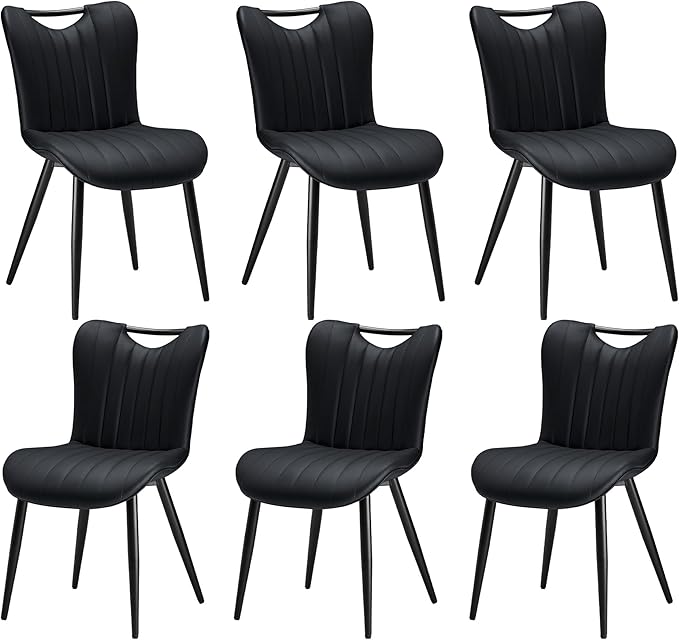 Leather Upholstered Dining Chairs Set of 6, Mid-Century Modern Kitchen Dining Room Chairs with Black Metal Legs, Armless Faux Leather Accent Dinner Chairs Kitchen Side Chairs, Black