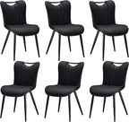 Leather Upholstered Dining Chairs Set of 6, Mid-Century Modern Kitchen Dining Room Chairs with Black Metal Legs, Armless Faux Leather Accent Dinner Chairs Kitchen Side Chairs, Black