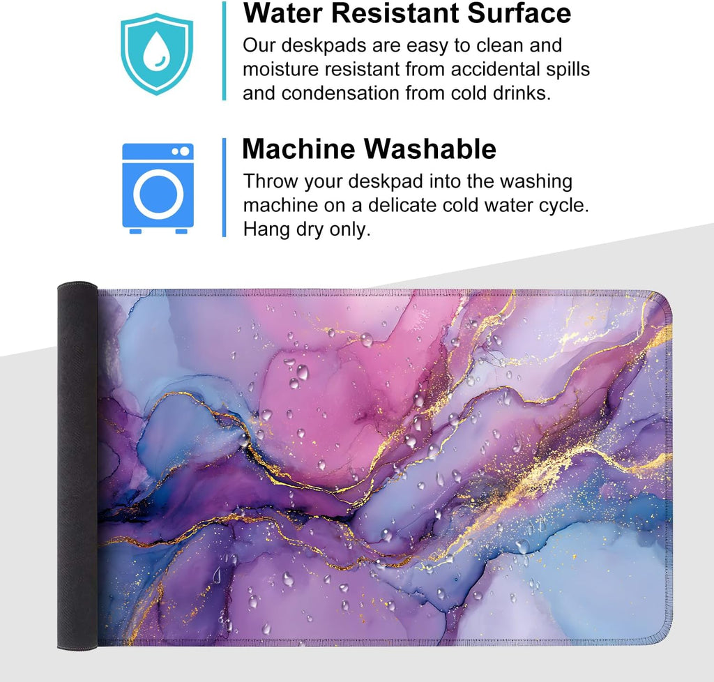 Purple Marble Ink Mouse Pad – Large Extended Desk Mat 35.43 x 15.75 in – Alcohol Ink Watercolor with Gold Vein Design, Non-Slip Base, Waterproof Surface, Aesthetic Keyboard & Mouse Pad